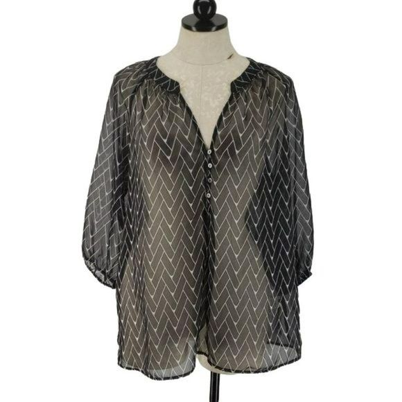 Anthropologie Zoa New York  Black‎ & White Geometric Chevron Sheer Blouse Medium - Picture 1 of 8